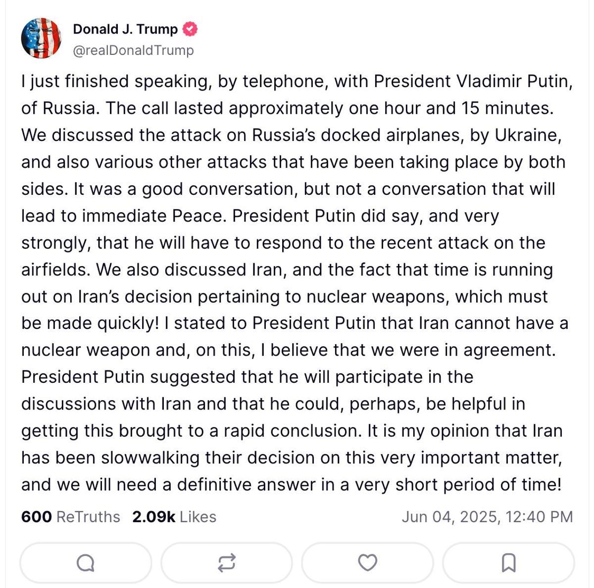 Captura de pantalla del mensaje en Truth Social de Trump sobre su conversación con Putin que el republicano ha borrado momentos después.