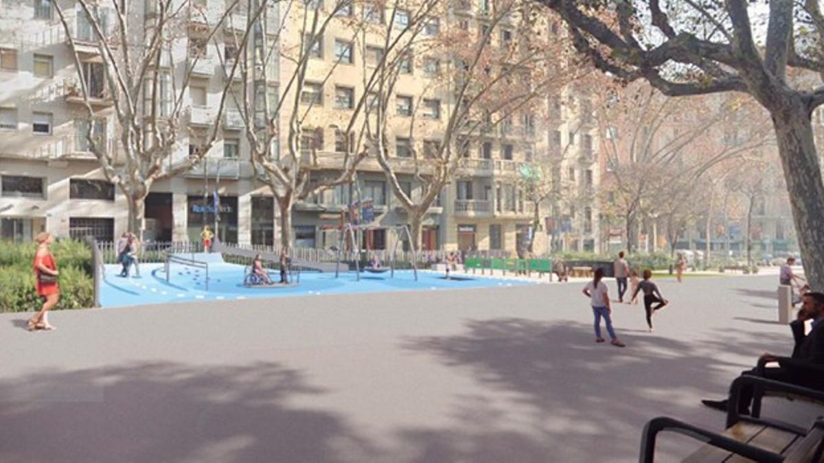 'Render' de la futura área de juegos infantiles inclusivos del paseo de Sant Joan de Barcelona