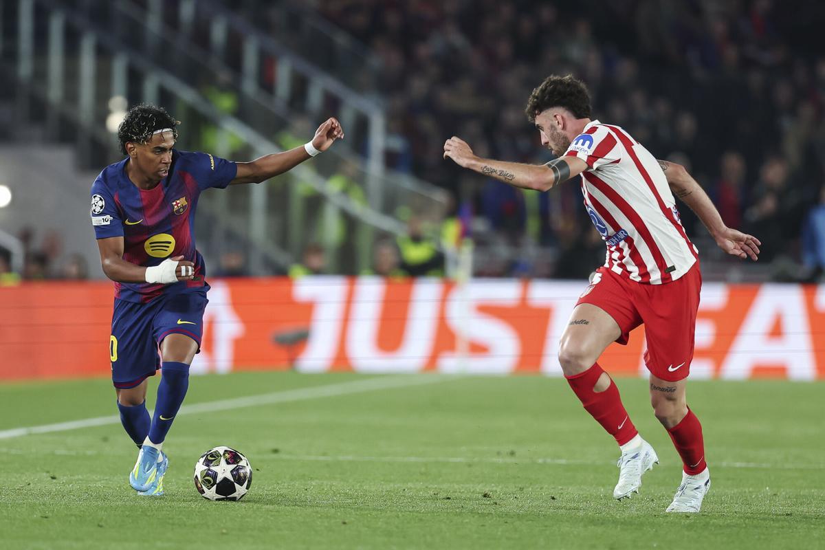 Lamine Yamal of FC Barcelona and Matteo Ruggeri of Atletico de Madrid in action during the UEFA Champions League 2025/26 Quarter-finals First Leg, football match played between FC Barcelona and Atletico de Madrid at Spotify Camp Nou stadium on April 08, 2026 in Barcelona, Spain. AFP7 08/04/2026 ONLY FOR USE IN SPAIN. Irina R. Hipolito / AFP7 / Europa Press;2026;SPORT;ZSPORT;SOCCER;ZSOCCER;FC Barcelona v Atletico de Madrid - UEFA Champions League 2025/26 Quarter-finals First Leg