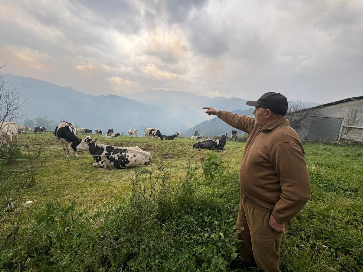 Laurentino Menéndez, Grandamuelle, ante la humareda procedente del incendio que cortó la AS-15