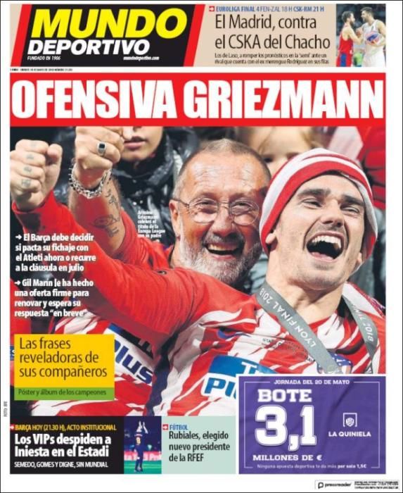 Guedes, Rubiales, Griezmann, Buffon, nombres propios de las portadas de este viernes 18 de mayo de 2018