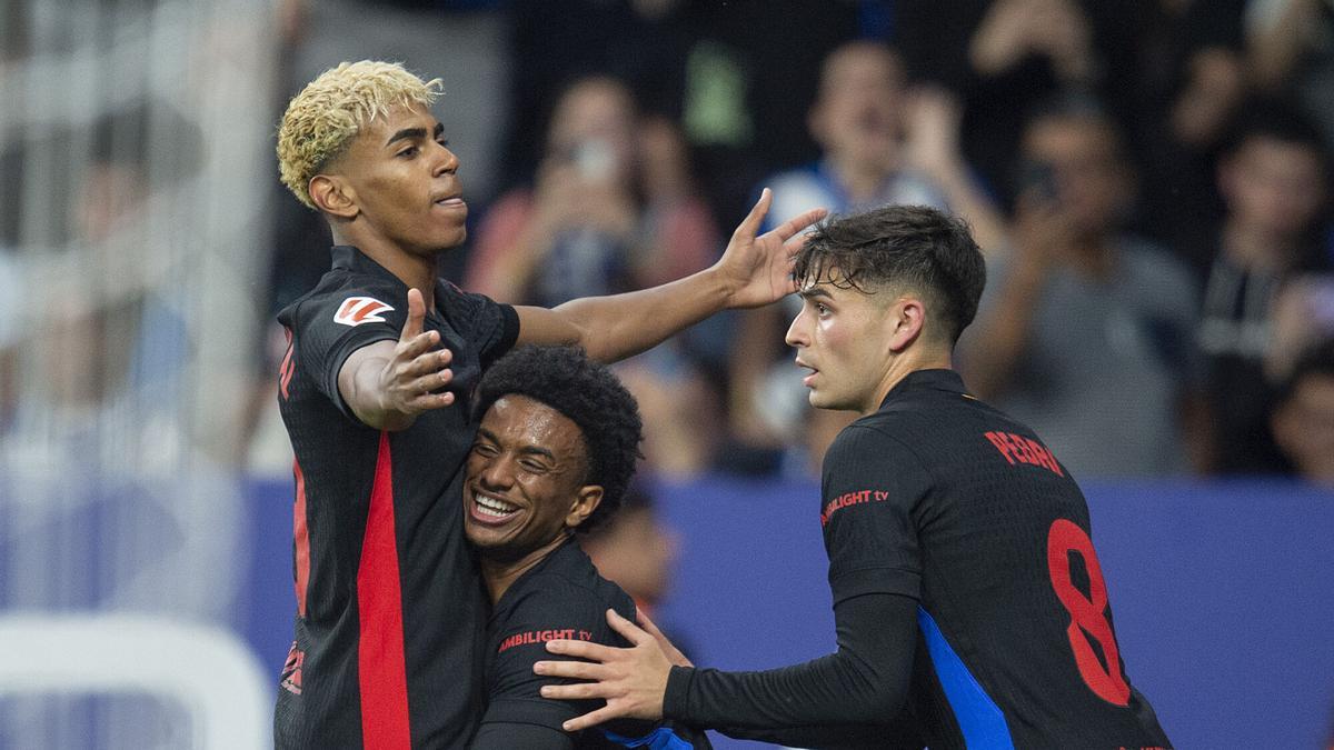 Cornellà El Prat. 15.05.2025. Deportes. lamine celebrando el gol durante el partido de liga entre el RCD Espanyol y el FC Barcelona en el RCD Estadium. Fotografía de Jordi Cotrina