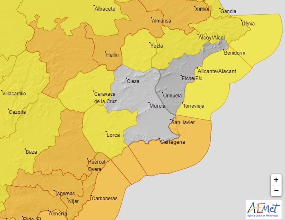 Mapa de alerta meteorológica en la Región