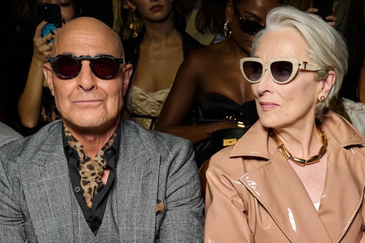 Stanley y Mery Streep, en el 'front row' de Dolce & Gabbana, en la Milan Fashion Week, en septiembre de 2025.
