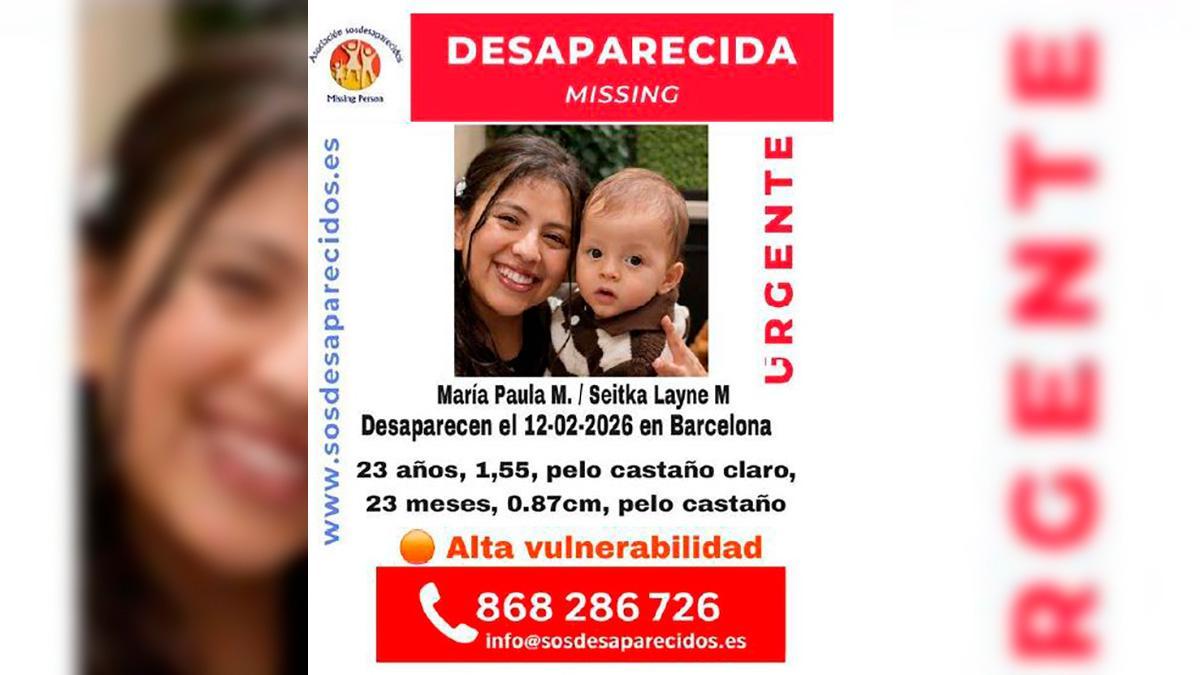 Cartel que denuncia la desaparición de María Paula M. y de su hijo Seitka Layne M.