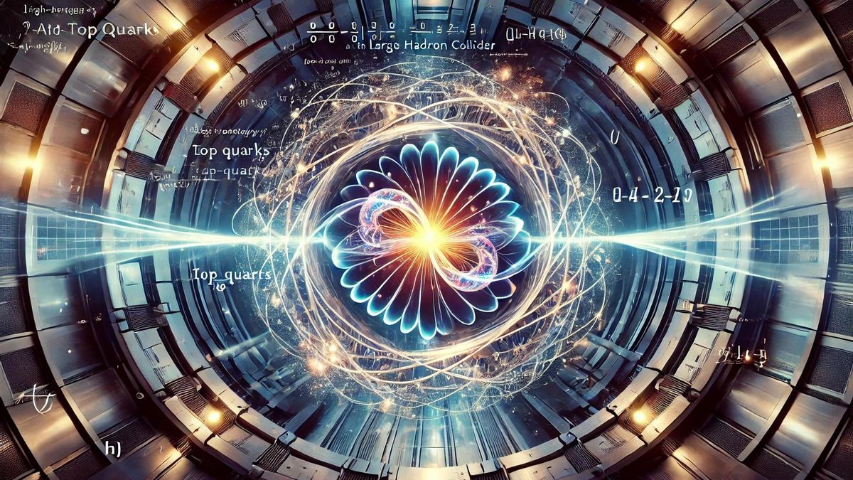Recreración artística de la magia cuántica en los quarks top, destacando la elegancia y la energía de las colisiones en el LHC.