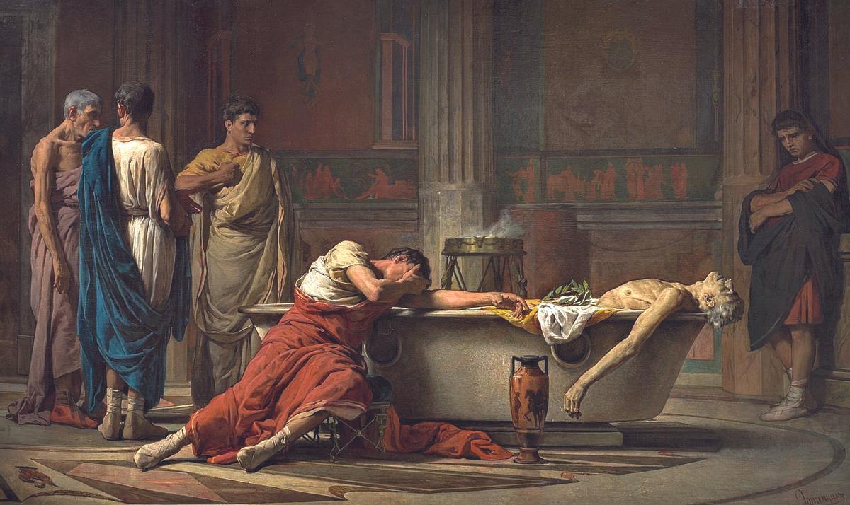 Séneca, tras abrirse las venas, en un cuadro de Manuel Domínguez Sánchez de 1871.