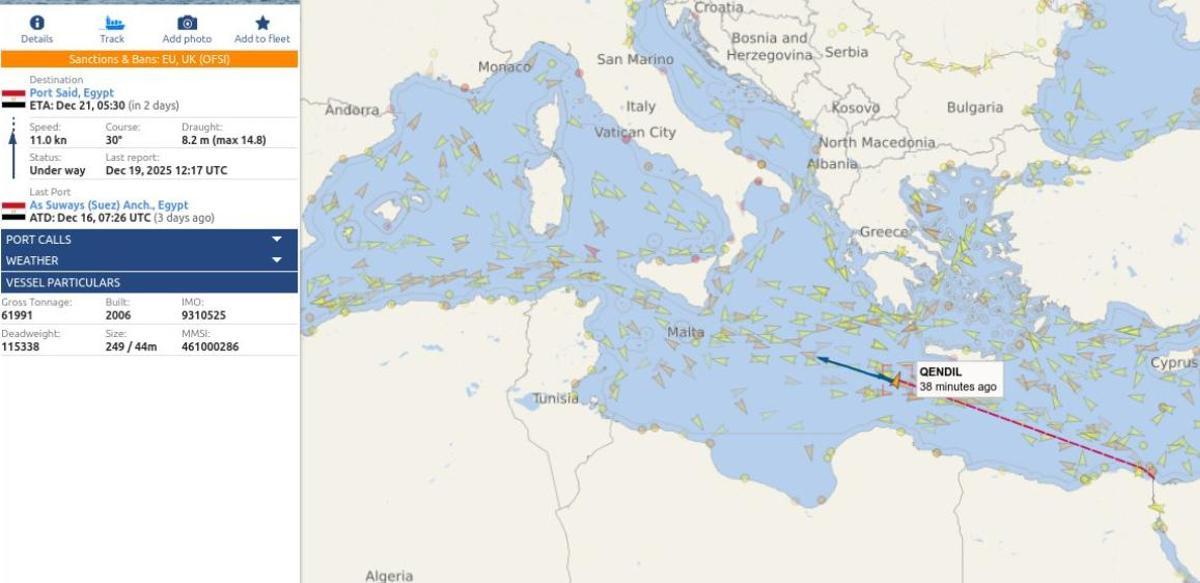 Última localización del petrolero fantasma ruso antes de sufrir el ataque.