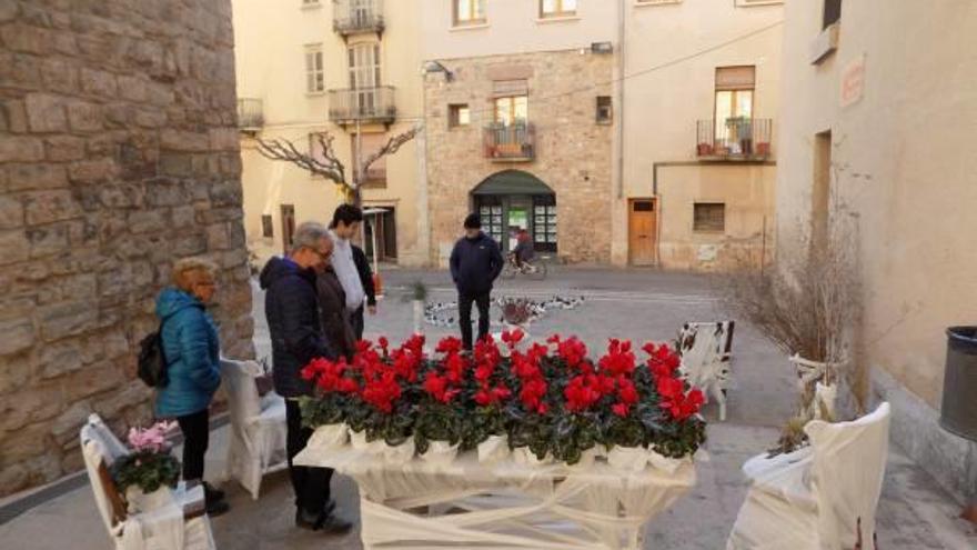 Veïns del poble observant una de les creacions florals a la plaça de l&#039;Església de Santpedor