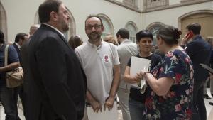 Oriol Junqueras, Benet Salellas, Anna Gabriel y Gabriela Serra durante la presentación de la ley del referéndum.