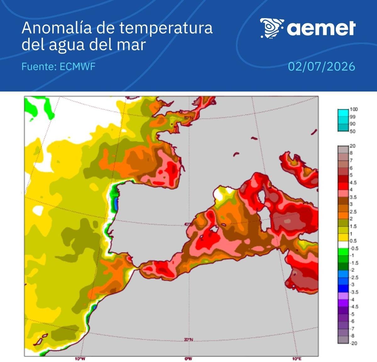 Anomalía de temperaturas del agua del mar.