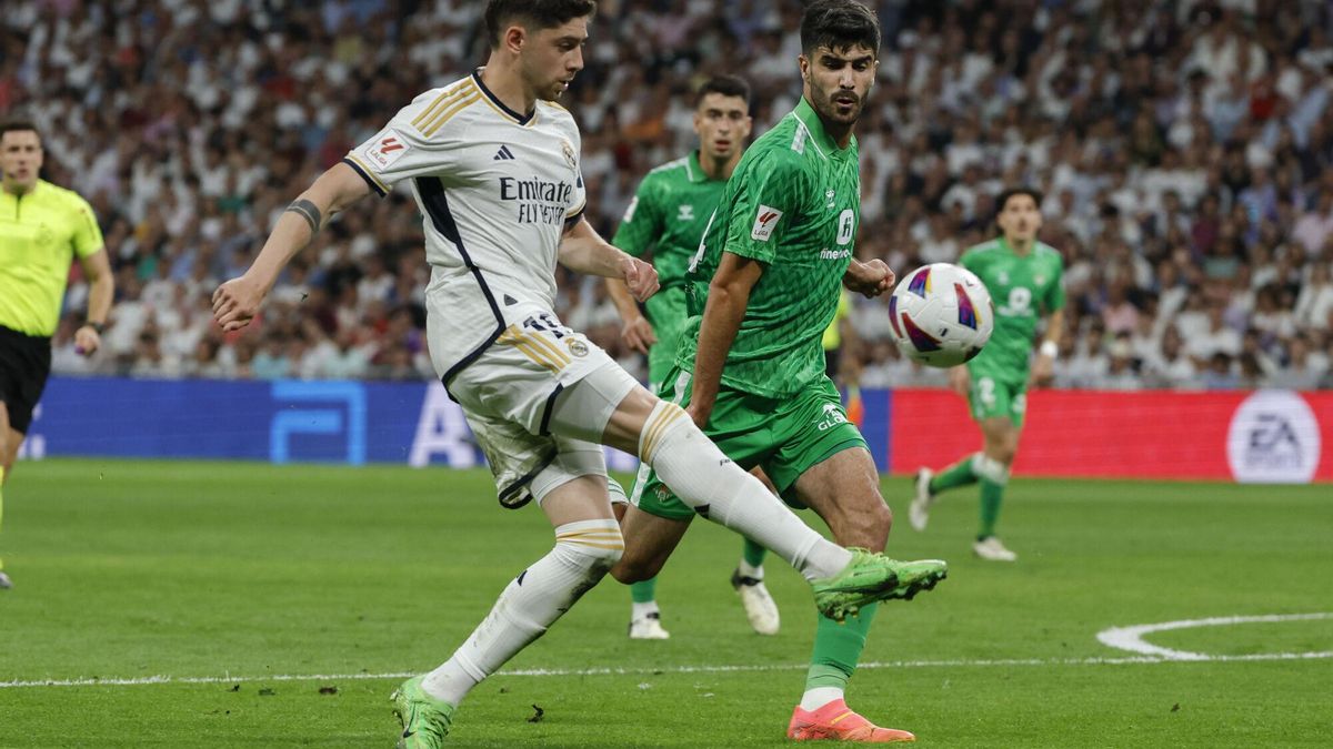 Fede Valverde y Ricardo Visus durante el partido de la jornada 38 de LaLiga que Real Madrid y Real Betis disputan en el estadio Santiago Bernabéu.