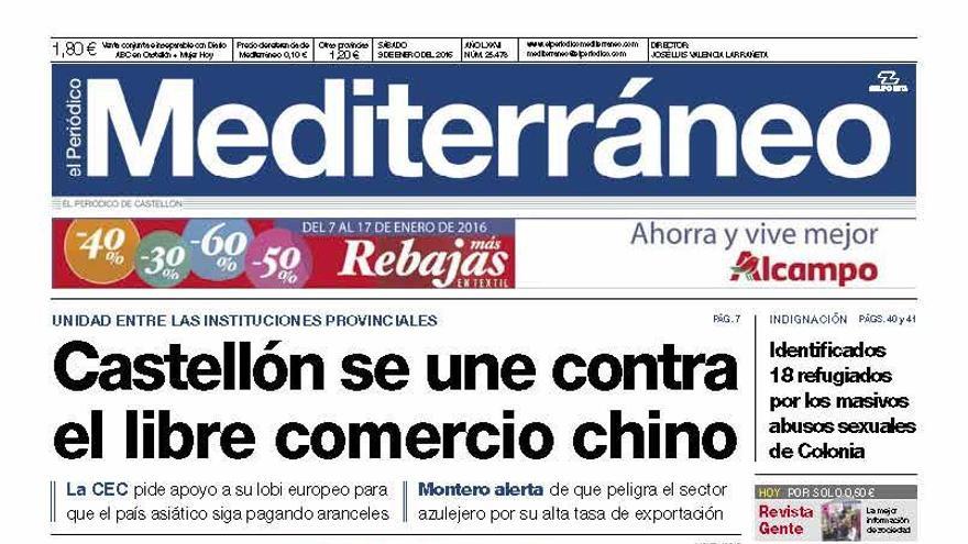 Castellón se une contra el libre comercio chino, hoy en la portada de Mediterráneo