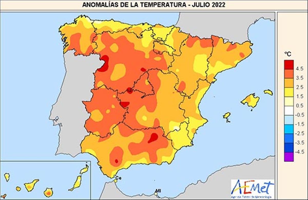 Mapa de la Aemet que refleja las anomalías de la temperatura en julio 2022.
