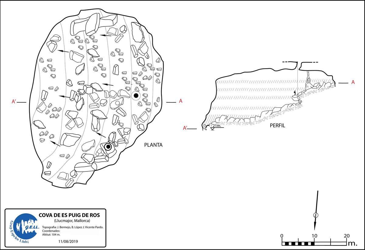 Mapa topográfico de la cueva de Puig de Ros de Llucmajor.