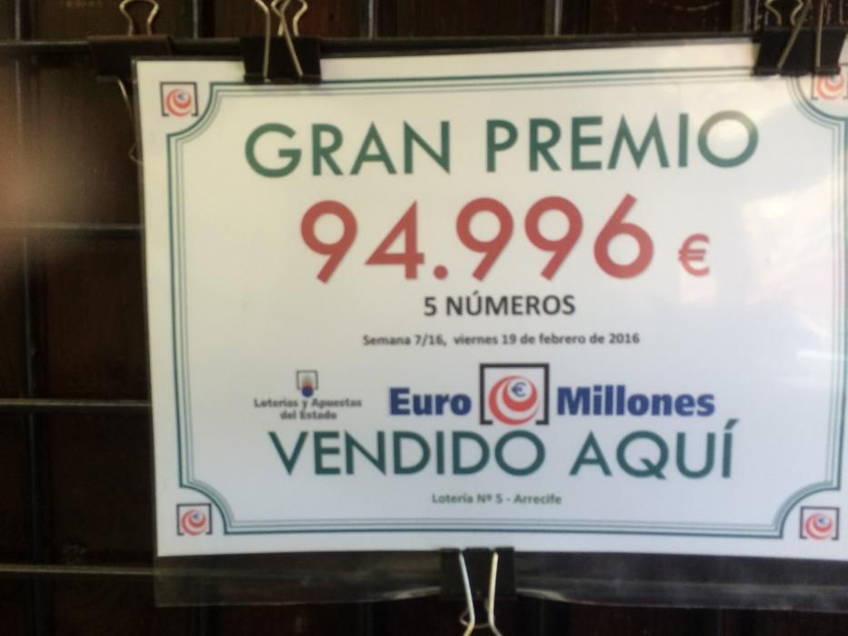 Premio del Euromillones del sorteo del viernes caído en Arrecife