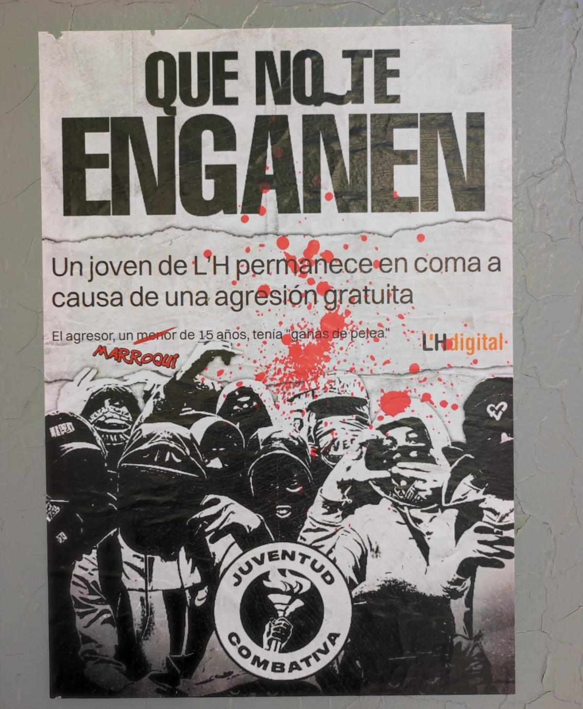Cartel de Juventud Combativa sobre la delincuencia en Bellvitge con el reclamo de una noticia de 2001 en la que no se especificaba la nacionalidad del agresor.