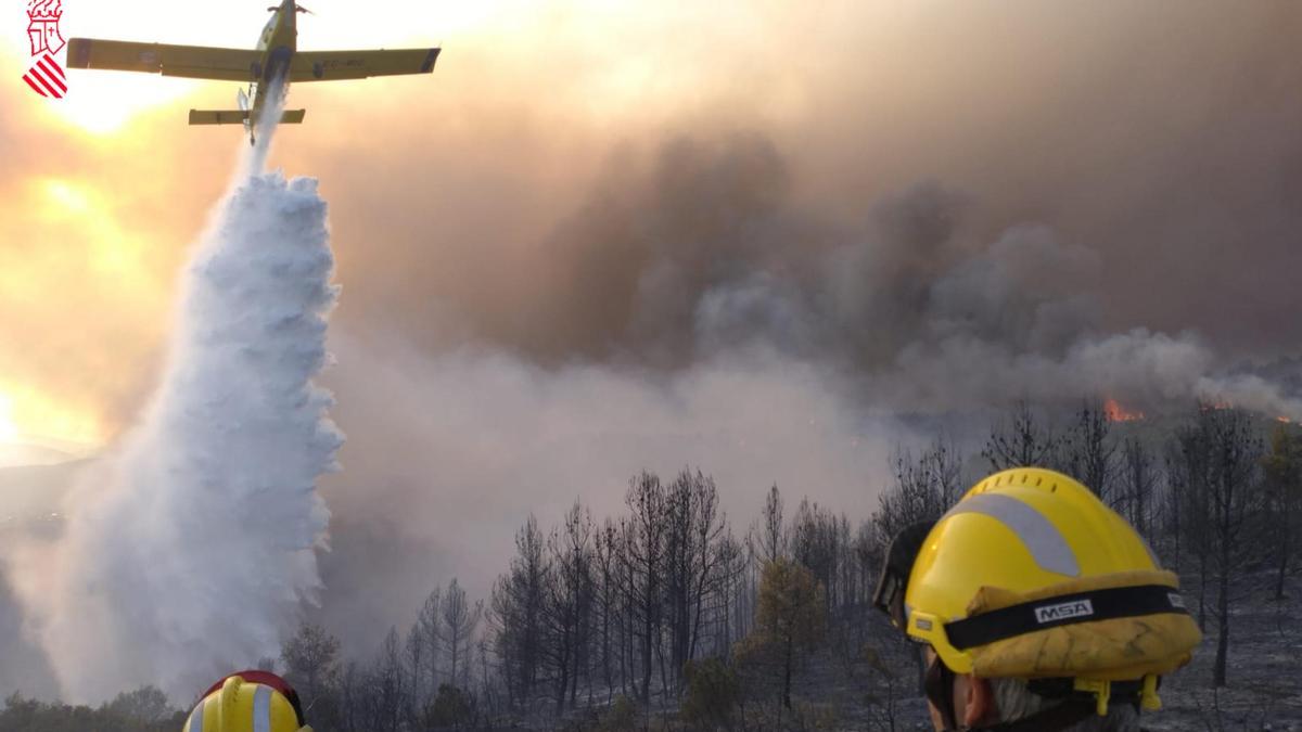 Bomberos y UME trabajan en la extinción del incendio forestal de Calles