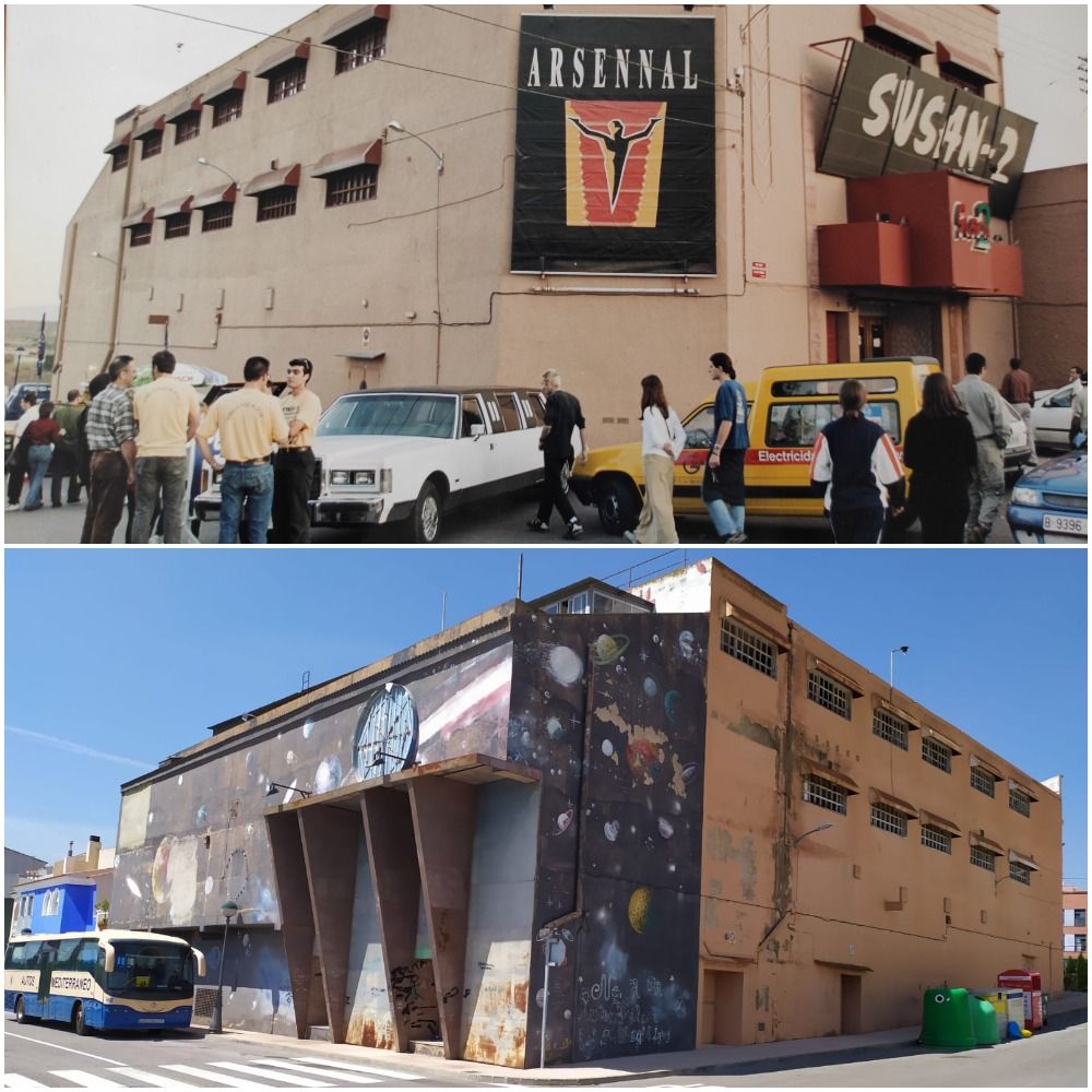 Imagen del ‘boom’ de la discoteca cuando alternaba entre Arsennal y Susan 2 (arriba) y estado actual de la fachada, donde aún permanecen los elementos decorativos de The Planet.