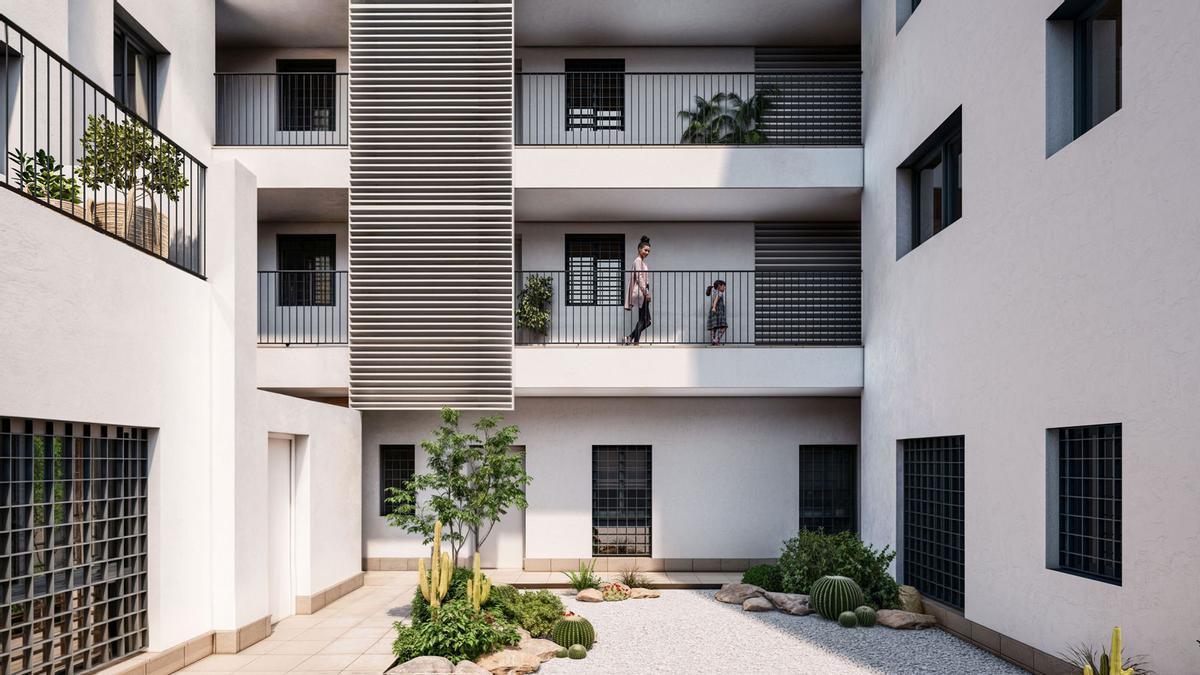 Recreación de la promoción de viviendas, en sus zonas comunes interiores.