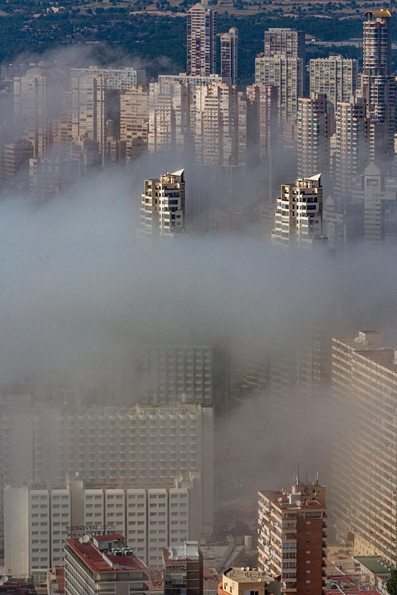 La niebla devora los rascacielos de Benidorm