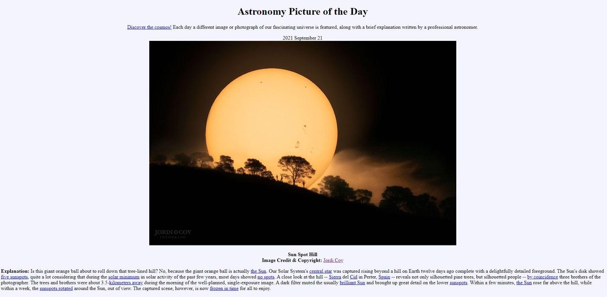 La página web de la NASA donde aparece la imagen de Jordi L. Coy y el texto explicativo.