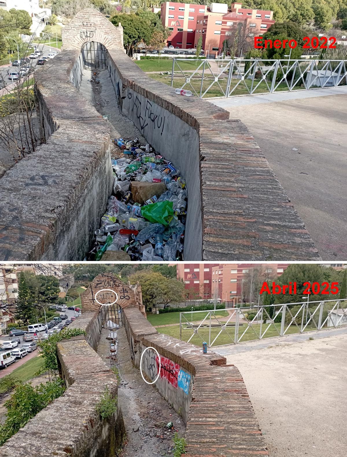 Comparación de las pintadas en el Puente de los Once Ojos en 2022 y en 2026. Dos de ellas permanecen; el resto son nuevas.
