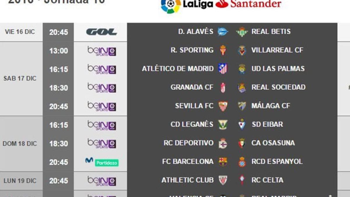 Estos son los horarios de la jornada 16