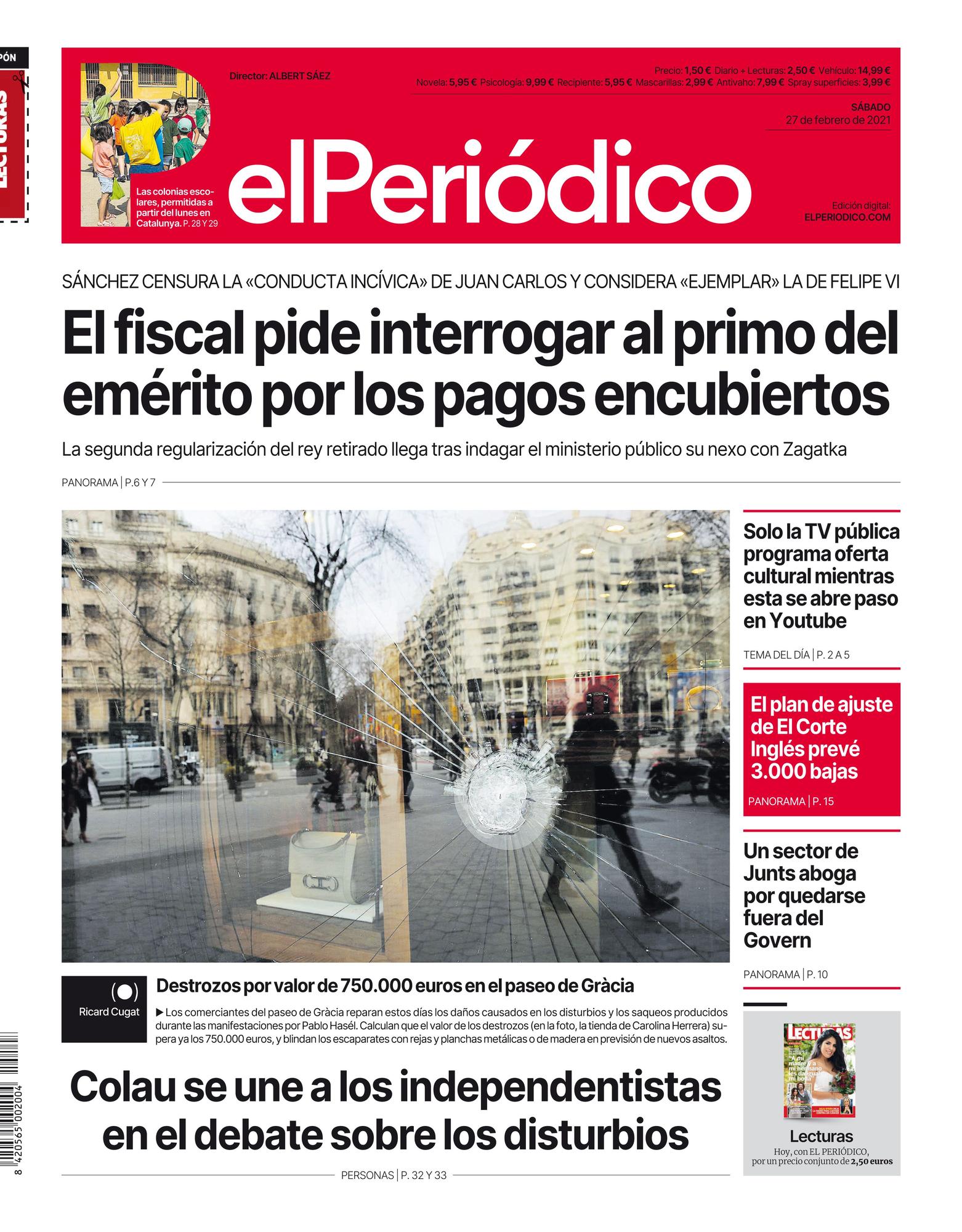 La portada de EL PERIÓDICO del 27 de febrero de 2021