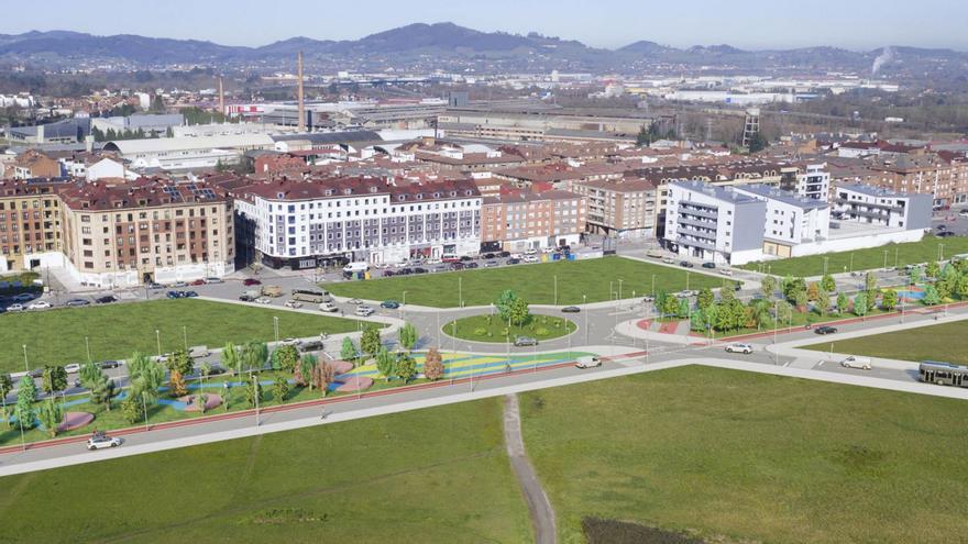 Vista de Lugones, con una recreación del bulevar en primer término. | LNE