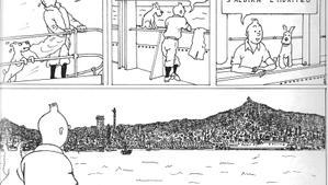 Tintín y Milú arriban a Barcelona en 1984, con un ’skyline’ de la ciudad bien distinto al actual.