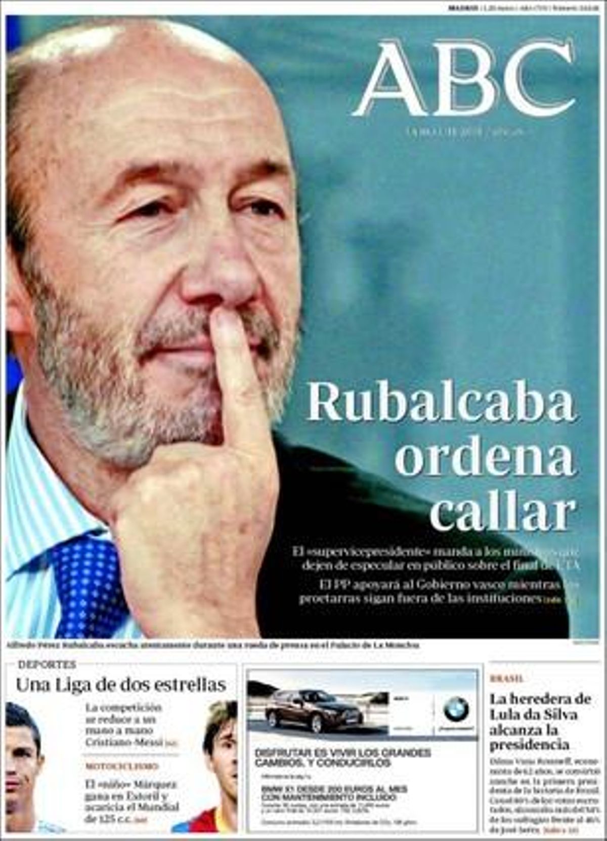 ’Abc’ destaca a dins que José Luis Rodríguez Zapatero ha posat a la venda el xalet que havia comprat a Rafael Vera al municipi almerienc de Vara, i que la Generalitat de Catalunya té un deute econòmic enverinat.