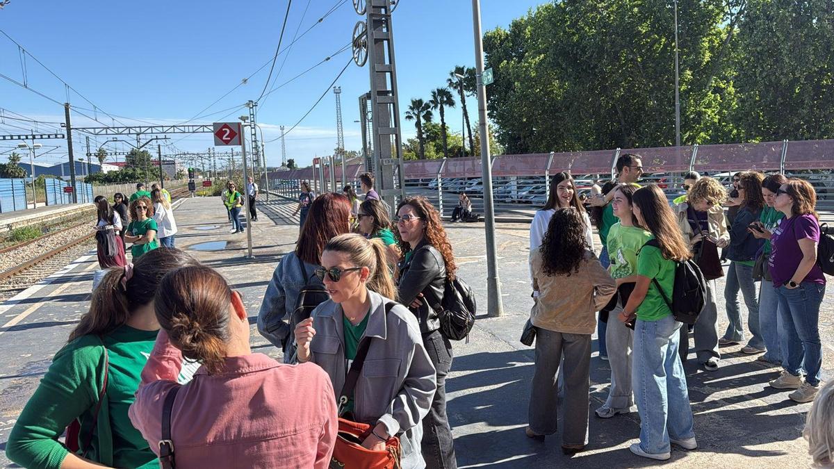Usuarios del tren y profesores que se desplazan a la manifestación de Valencia, esperan el paso de un convoy en la estación de Alzira.