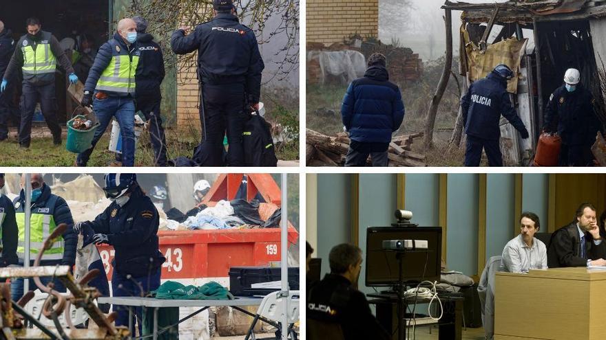 Agentes de la Policía Nacional efectúan el registro, ayer, en propiedades de Ángel Ruiz (abajo, en el juicio de 2014) en La Parte de Bureba (Burgos).