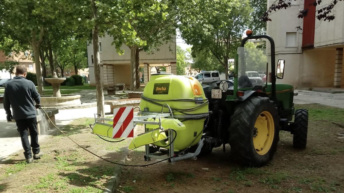 Un operario municipal realiza tareas de tratamiento con herbicidas en el barrio de San Juan.