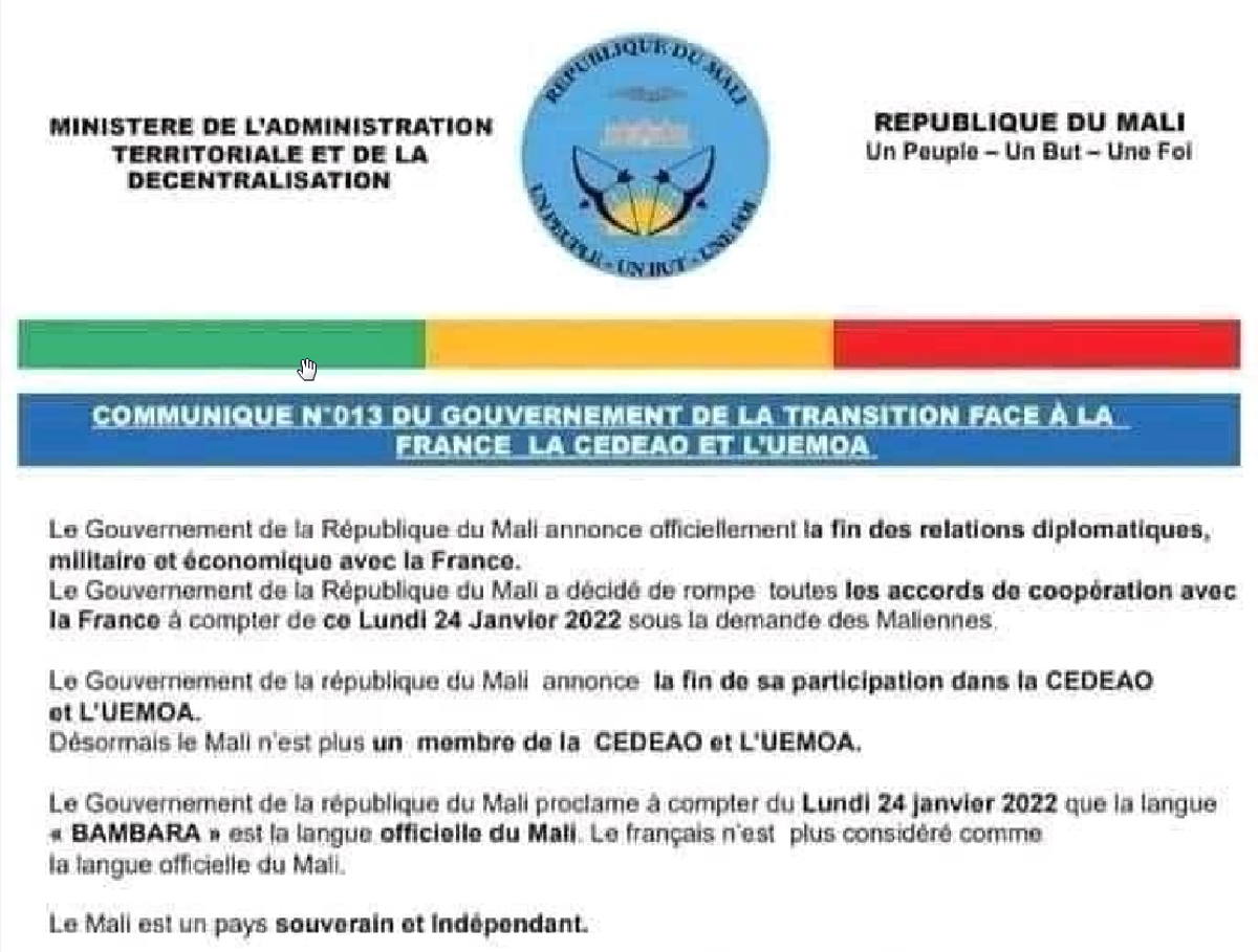 Comunicado falso difundido anónimamente en Mali el 23 de enero, durante el golpe de Estado en el vecino Burkina Faso. Fuentes militares españolas lo atribuyen a maniobras rusas de desinformación.
