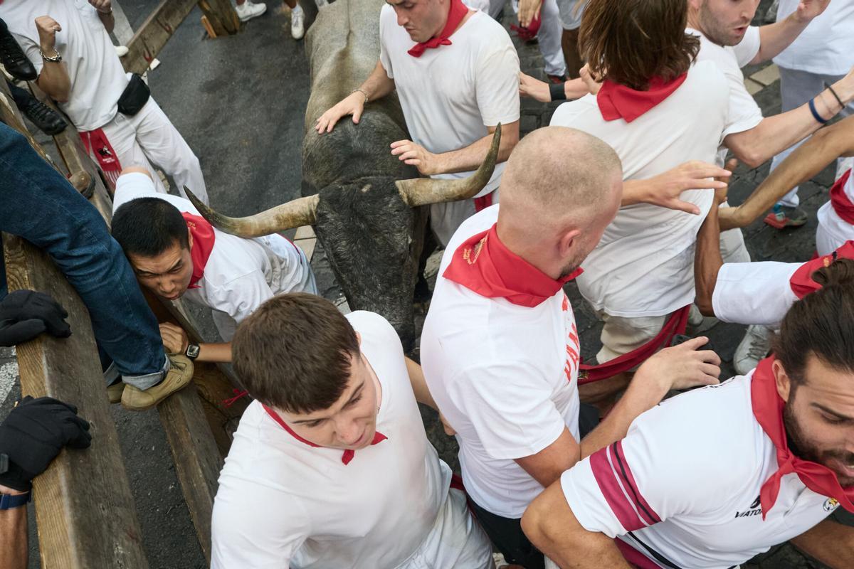 Los toros de José Escolar protagonizan un veloz y atropellado quinto encierro de los Sanfermines.