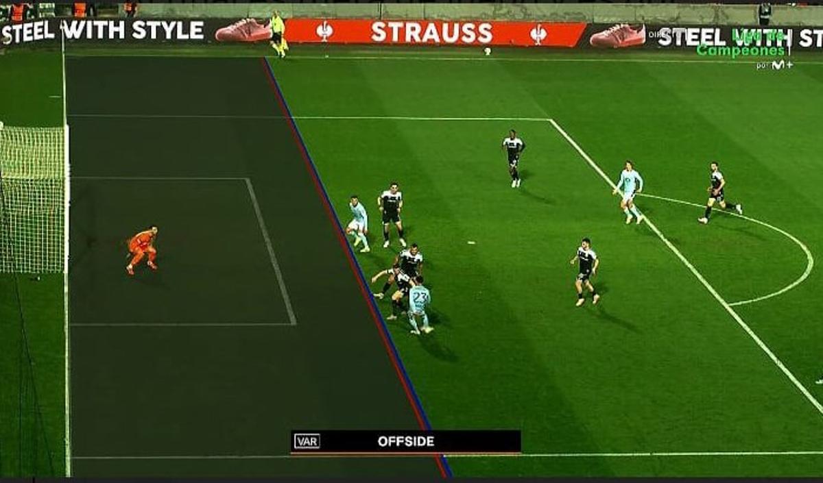 Gráfico mostrado por la Europa League que no aclara la posición de fuera de juego de Jutglà.