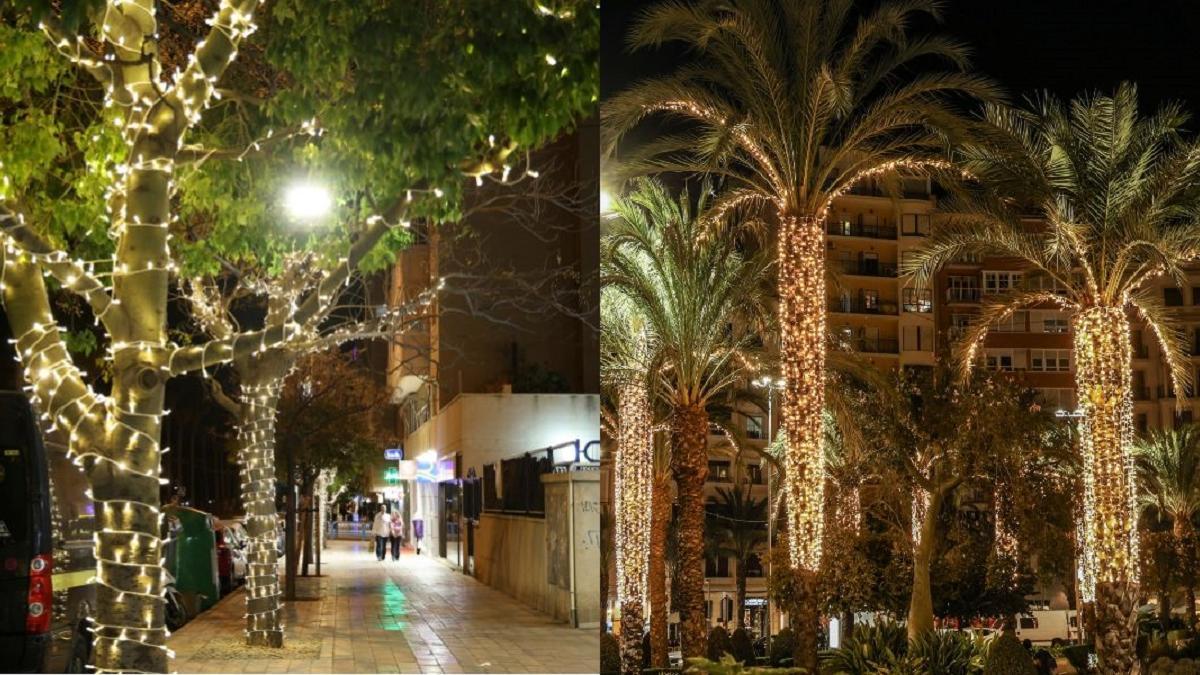 Dos de las zonas donde se ha instalado alumbrado en los árboles: en el centro de la ciudad y en el entorno de Miriam Blasco.