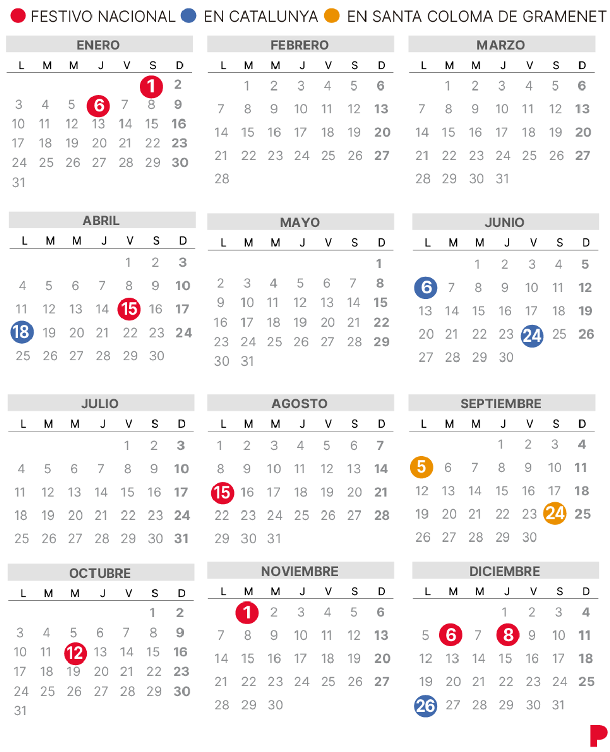 Calendari laboral de Santa Coloma de Gramenet del 2022 (amb tots els dies festius)