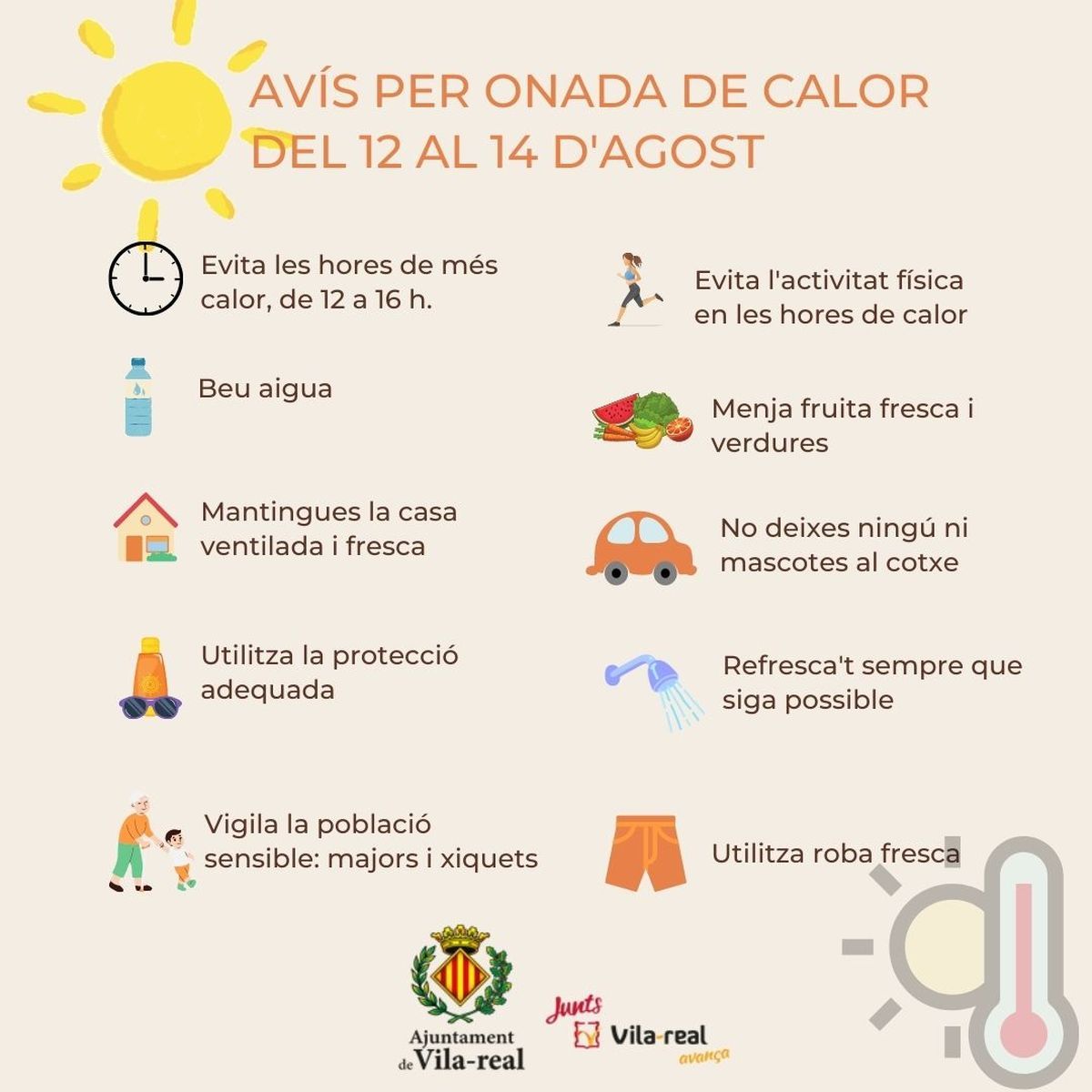 Imagen del cartel que publica el Ayuntamiento de Vila-real para prevenir a la ciudadanía de la ola de calor del próximo fin de semana.