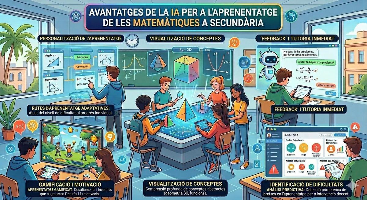 Imatge generada amb Intel·ligència Artíficial sober els avantatges de la IA per a l'aprenentatge de les matemàtiques.