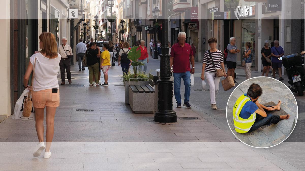 Imagen de castellonenses realizando sus compras por el centro y, en la parte baja de la imagen, el indigente en cuestión.