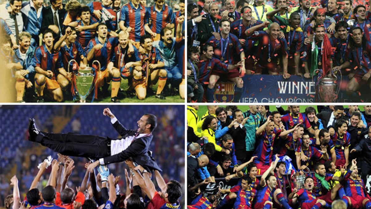 De izquierda a derecha y de arriba abajo: las celebraciones de la Copa de Europa de 1992 y de las Champions League 2006, 2009 y 2011 
