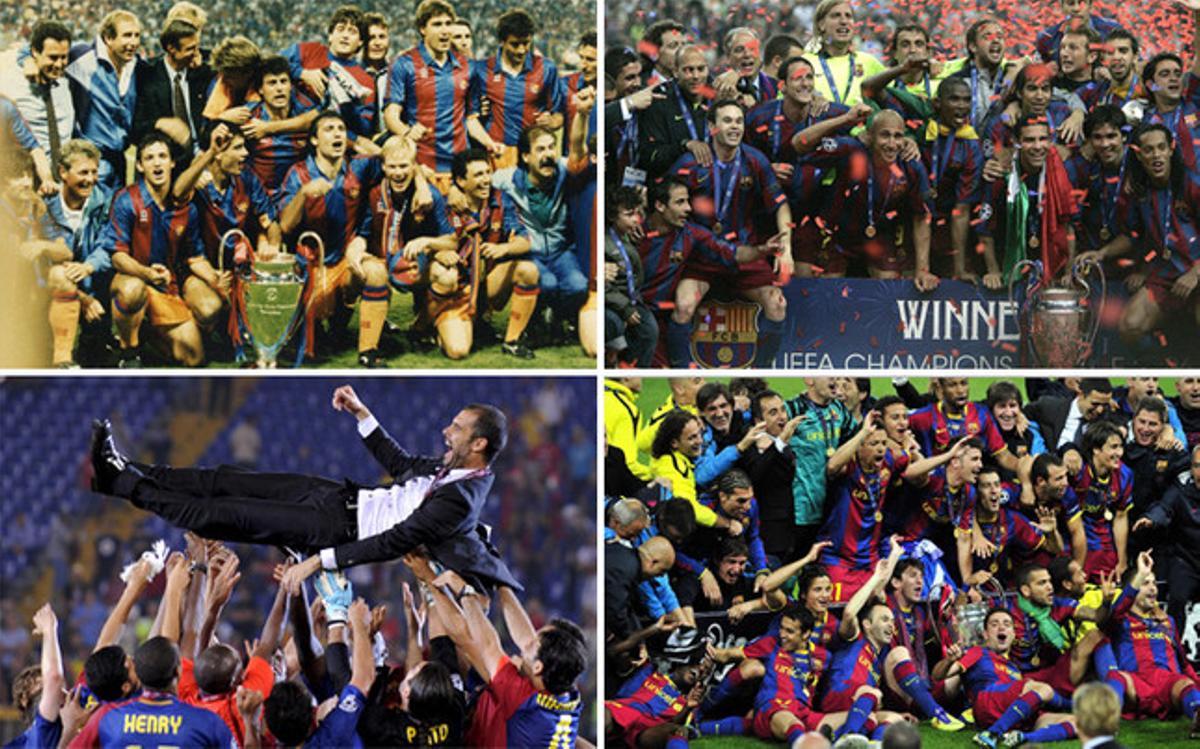 De izquierda a derecha y de arriba abajo: las celebraciones de la Copa de Europa de 1992 y de las Champions League 2006, 2009 y 2011