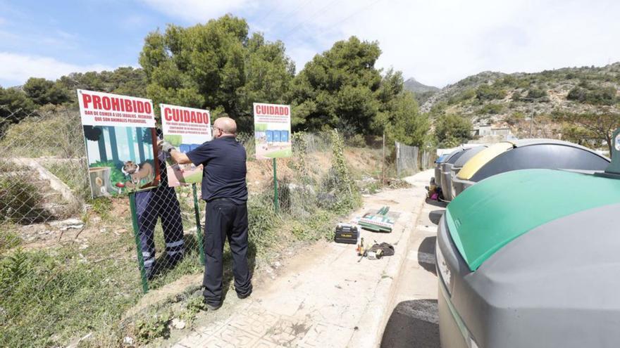 Un operario instala carteles informativos sobre los jabalíes.