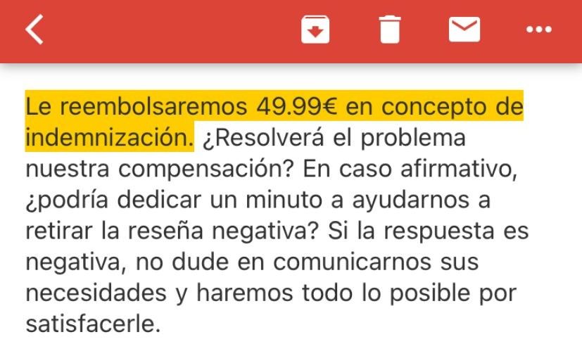 Extracto del mail en el que una misteriosa cuenta de correo ofrece dinero por borrar una reseña