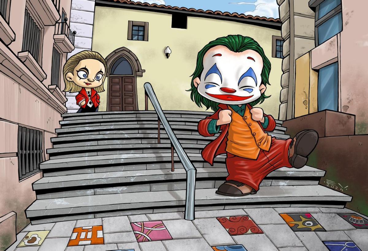 Lámina de regalo. Enrique Vegas coloca a uno de sus «cabezones» como un Joker bajando por las escaleras del Pasaje del Bollo de Avilés.