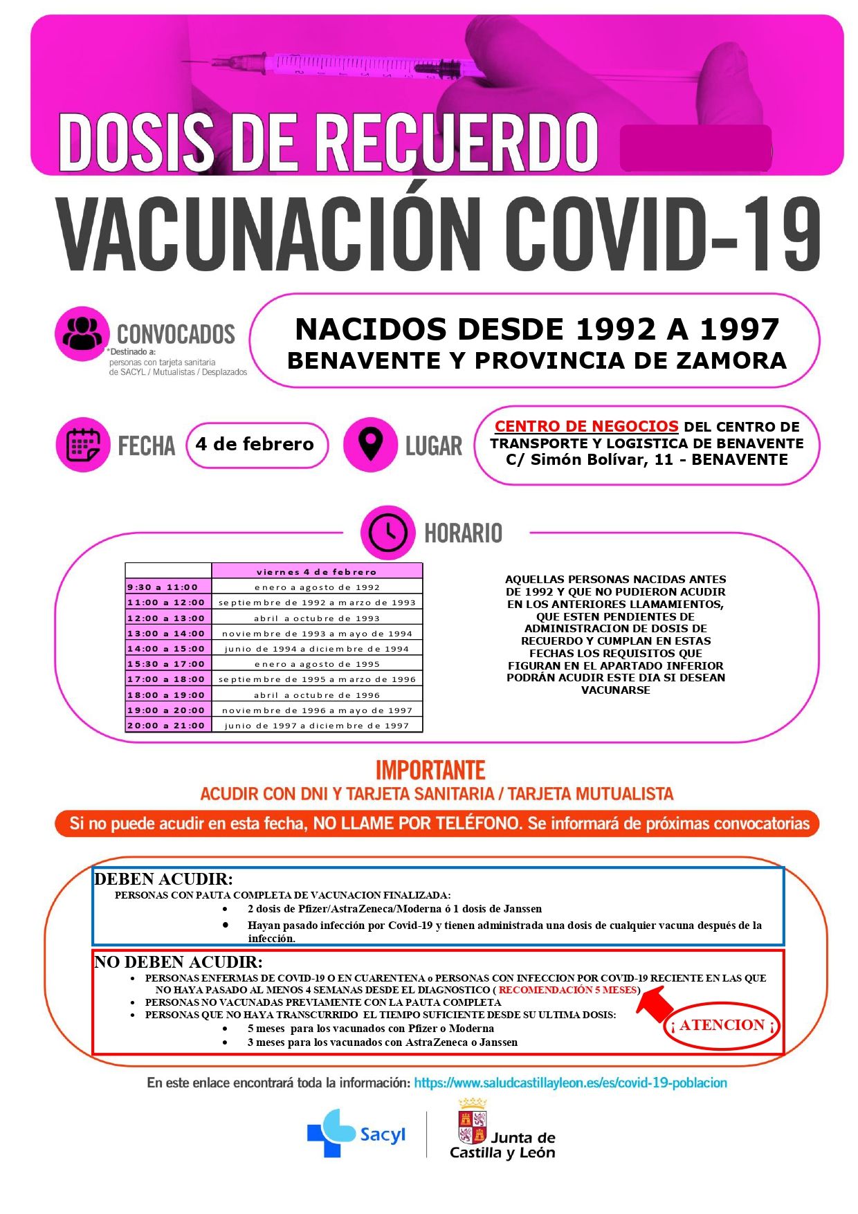 BENAVENTE 4 febrero  nacidos 1992 a 1997 (repesca anteriores) DOSIS ADICIONAL (3ª DOSIS).