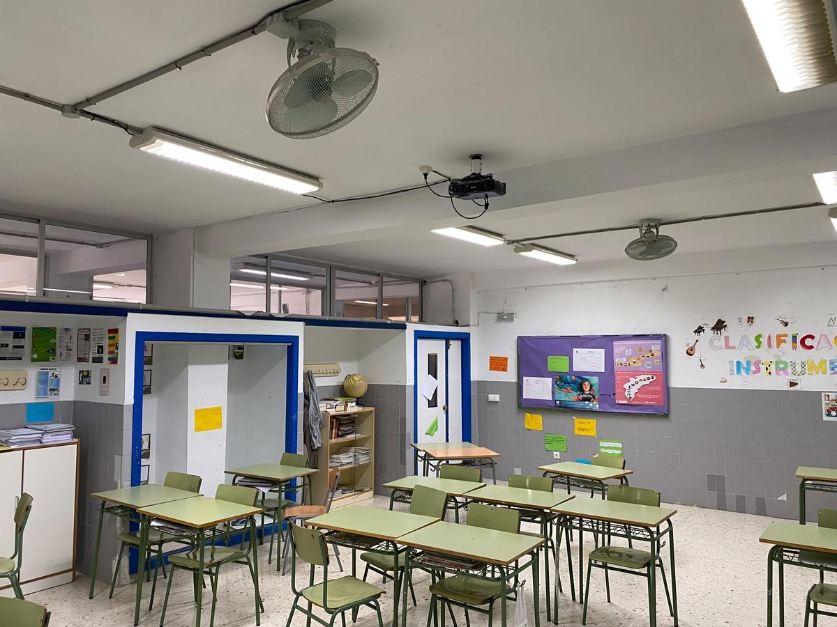 Ventiladores en un aula de Alicante, para soportar el calor
